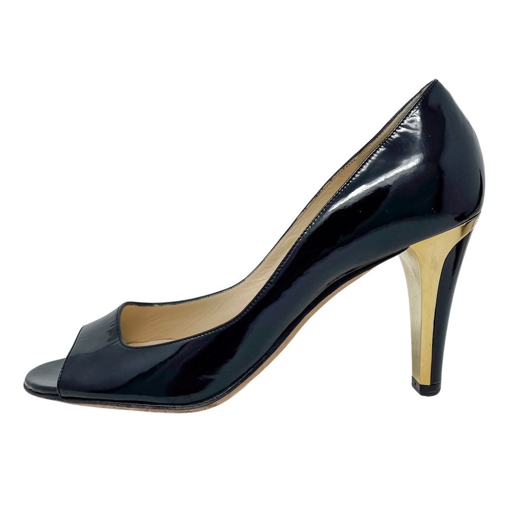 Jimmy Choo black patent leather peep toe gold heel mod art deco retro pumps 39